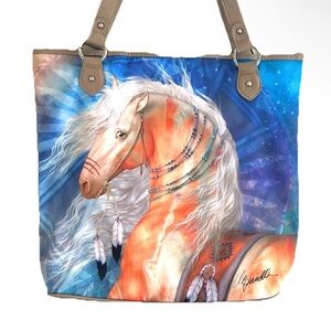 Montana West Horse Painting Art Print Faux Leather Canvas Tote Bag NWT